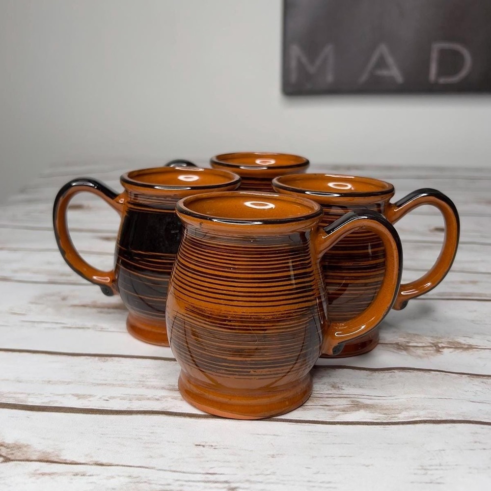 Vintage Japan Stoneware Mug Set Brown Amber Striped MCM 4pc 10oz